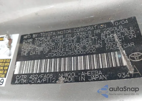 2005 Toyota Prius из США, поврежденный, VIN JTDKB22U453002502